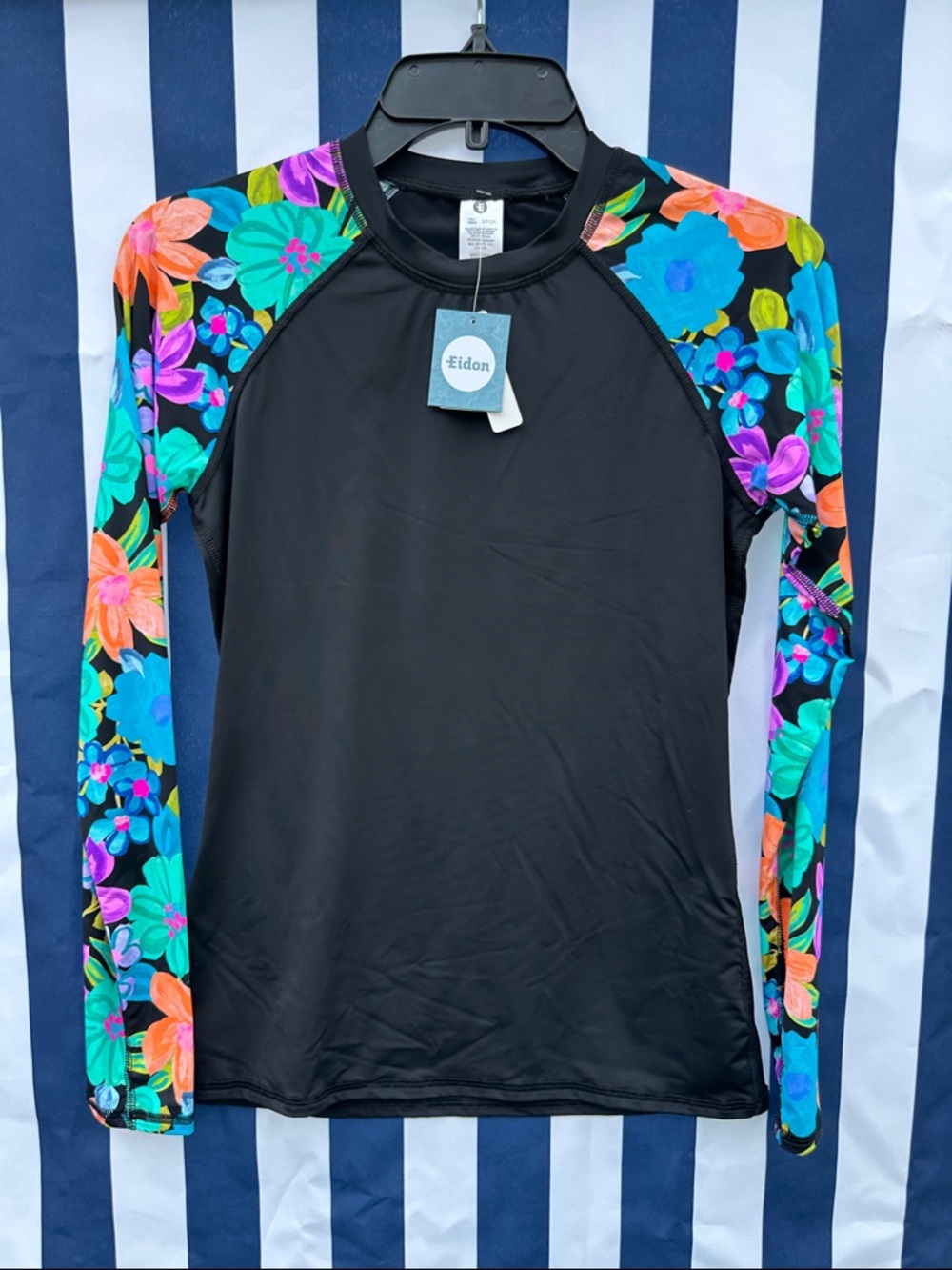 Eidon Parker Black Rash Guard with Bright Floral Sleeves UPF 50